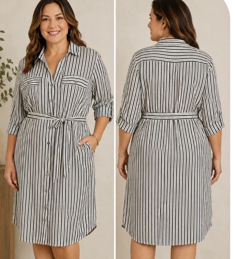 Mlle Gabrielle Petite XL Shirt Dress Button Front Belted White Black Stripe